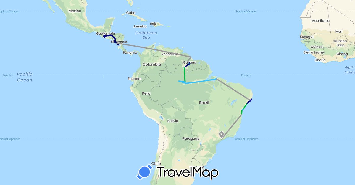 TravelMap itinerary: driving, bus, plane, boat in Brazil, Guatemala, Guyana, Honduras, Nicaragua (North America, South America)
